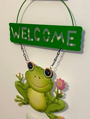 a green frog hanging from a welcome sign at Judit’s in Dania in Dania Beach
