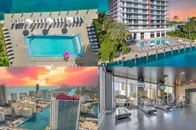 a collage of photos of a hotel with a pool at Modern 2 BR - Beachwalk Resort - Pool - Gym in Hallandale Beach