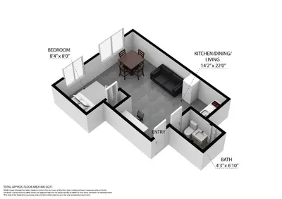 a floor plan of a living room with a table at Chic Large Studio Apt Near Ocean Drive South Beach in Miami Beach