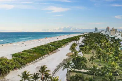 an aerial view of a beach with palm trees and the ocean at Deco Beachside Apt, w/2 Queen Beds, Washer/Dryer in Miami Beach