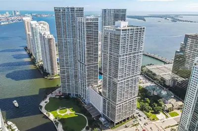 an aerial view of tall buildings next to the water at Modern High Rise One Bedroom at Icon Brickell (W) in Miami