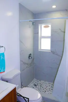 a bathroom with a shower with a toilet and a window at Flamingo Beach House in Dania Beach