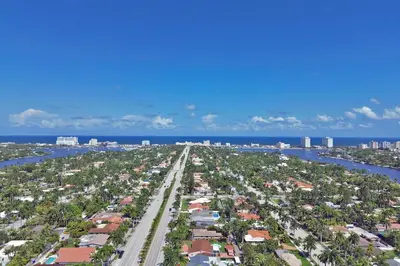an aerial view of a city and the ocean at Premium Luxury 5BR & 3BA Villa near Hollywood Beach in Hollywood