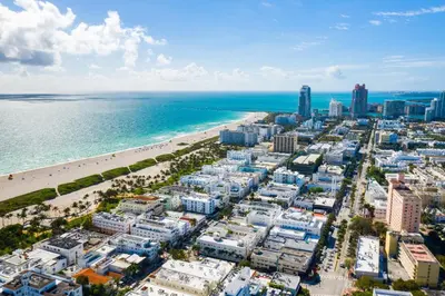 an aerial view of a city and the beach at Best Location SOBE Top Floor 2 min to beach & fun in Miami Beach