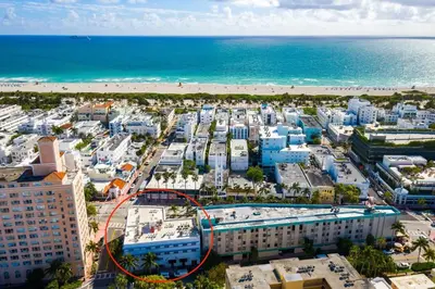 an aerial view of a city with the beach at Best Location SOBE Top Floor 2 min to beach & fun in Miami Beach