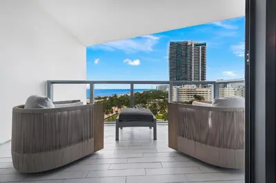a balcony with a view of a city skyline at Oceanview Private Home at South Beach-814 in Miami Beach