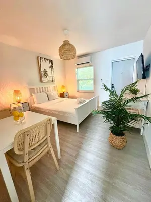 a bedroom with a bed and a table and a plant at Casa Agave Miami in Miami