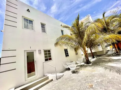 a white building with chairs and a palm tree at 12 GUESTS LUXURIOUS SOUTH BEACH SUITE 2 in Miami Beach