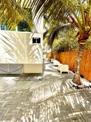 a courtyard with a palm tree and a fence at 12 GUESTS LUXURIOUS SOUTH BEACH SUITE 2 in Miami Beach
