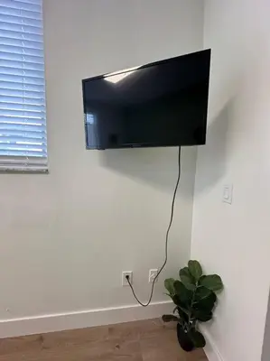 a flat screen tv hanging on a wall with a plant at Miami Coral Gables Studio near Airport and Beaches in Miami