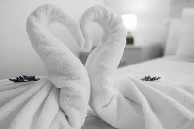 two towels shaped like swans sitting on a bed at Spacious 2 Bed Unit in Brickell with Free Parking in Miami