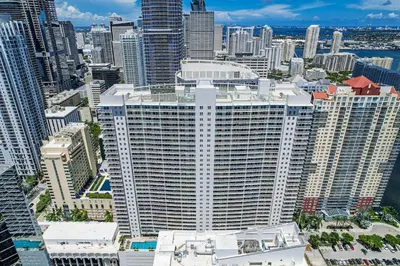 an aerial view of a large building in a city at Spacious 2 Bed Unit in Brickell with Free Parking in Miami