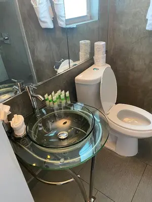 a bathroom with a glass sink and a toilet at M HOTEL in Miami Beach