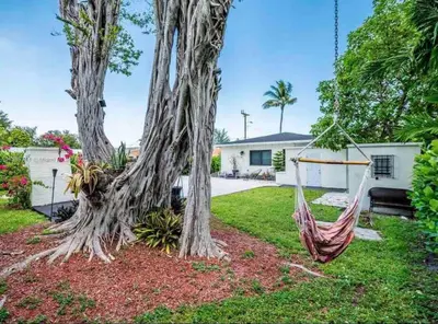 a hammock hanging between two trees in a yard at Charming house Miami in Miami