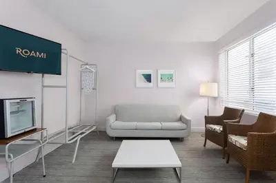 a living room with a couch and a tv at Roami at Hotel Astor in Miami Beach