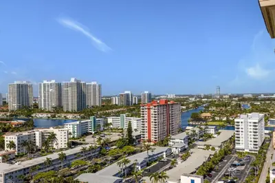 an aerial view of a city with tall buildings at 2 BR Monthly beach condo Miami in Hallandale Beach