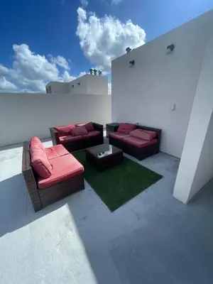 a living room with red couches on a roof at NEW 3 Story in Homestead- 3/2.5 Balcony & Rooftop in Homestead