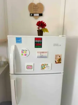 a white refrigerator with magnets and a flower on top at Cozy apartment near Seminole Hard Rock Cafe in Hollywood