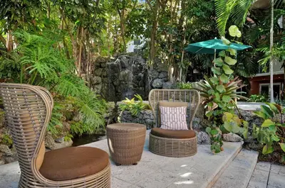three wicker chairs and an umbrella in a garden at Modern Bay View Balcony In The Grove Free Parking in Miami