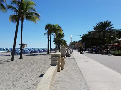 a sandy beach with palm trees and a sidewalk at Hollywood Broadwalk Oceanside Hotel in Hollywood