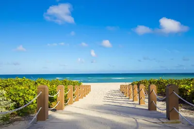 a pathway to the beach with the ocean in the background at Luxurious Private Condo at 1 Hotel & Homes - 1545 in Miami Beach