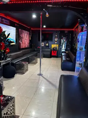 a room with couches and tables and a tv at The Black Door miami in Miami