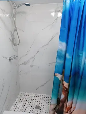 a shower with a blue shower curtain in a bathroom at B5 Best Value on Private Bedroom with Private Bathroom in Little Havana, Miami in Miami