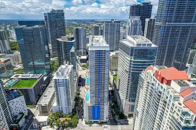 an aerial view of a city with tall buildings at Brickell Key Gem: Stylish 1-Bed W/ Free Parking in Miami