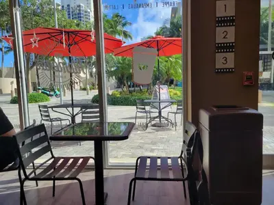 a table and chairs with umbrellas in a restaurant at Stunning apt! Oceanview! Parking included in Sunny Isles Beach