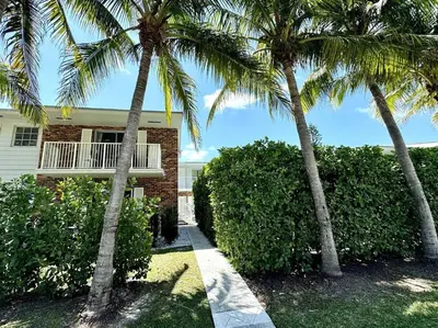 two palm trees in front of a house at BRAND NEW! Lovely 1 Bedroom with Pool by the Beach in Miami