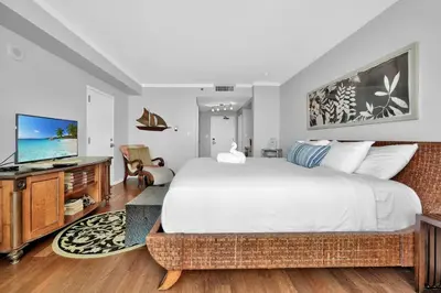 a bedroom with a large bed and a flat screen tv at Astonishing SEA VIEW Studio in Grove in Miami