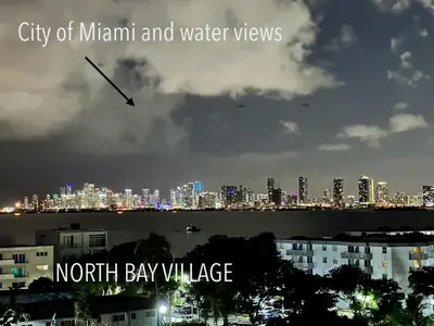 a kite flying in the sky over a city at night at Unique Water Views, free Parking 1bed 1 bath Rooffornomads 416 in Miami Beach