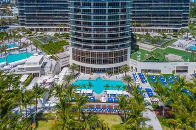 an aerial view of a resort with a pool at 3MM Oceanfront Residence at Finest Bal Harbour Resort - Hotel Amenities in Miami Beach