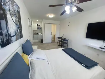 a bedroom with a bed and a ceiling fan at Excellent location Miami Brickell Studio in Miami