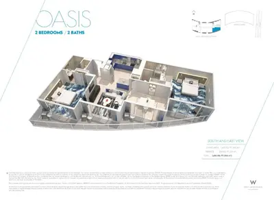 a rendering of a floor plan of a house at W FTL 1409 Beachfront Resort 2 Bedroom & 2 Bathroom Condo in Fort Lauderdale