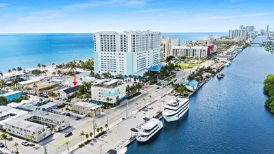 an aerial view of a city with boats in the water at Modern Loft wsteps to Beach Kitchenette in Hollywood