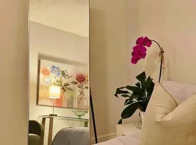 a mirror in a living room with a vase of flowers at Block from Beach one bedroom with Parking in Miami Beach