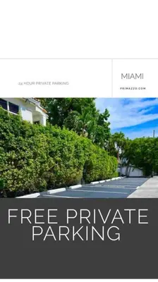 a screenshot of a free private parking sign on a website at B01 Minutes from the beach Studio Midtown Wynwood in Miami