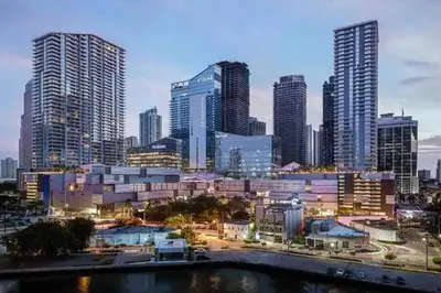 a city skyline with tall buildings and a river at 2 bed condo, Queen sofa bed Brickell, Free Parking, Pool, Gym in Miami
