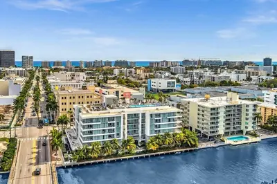 an aerial view of a city with a river and buildings at Double Queen Room-Hosted by Sweetstay in Miami Beach