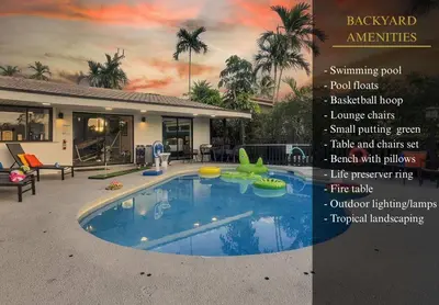 a advertisement for a house with a large swimming pool at Lakefront Retreat Perfect for Family Fun in Miami