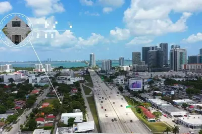 an aerial view of a city with a dot in the sky at Quiet Bright Apt 5min walking to Design District apt 6 in Miami
