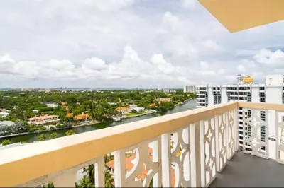 a balcony with a view of a river and buildings at 1505- Downtown Miami Bay View Retreat with 1BR & 1BA in Miami Beach