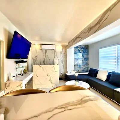 a living room with a couch and a tv at Luxurious Waterfront 2 room apartment- Remodeled- Free parking- 5min drive to Miami Beach in Miami Beach