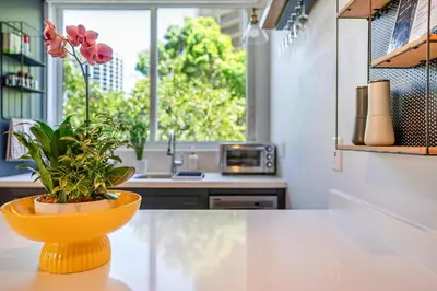 a kitchen with a vase with a plant on a counter at The Palms Coconut Grove 1 bedroom condo includes parking in Miami