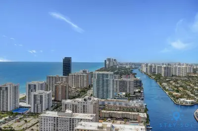 an aerial view of a city with the ocean at High Floor 3BR - 2BA - Resort Fees & Parking Incl in Hollywood