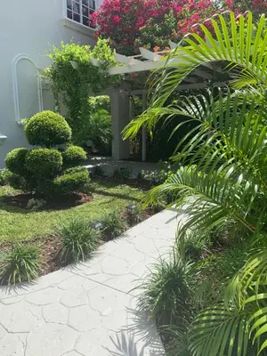 a garden with a stone walkway in front of a house at La Casita in Miami