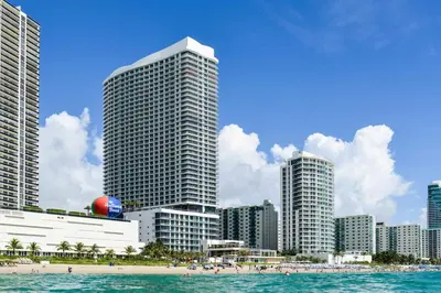 a view of a city with tall buildings and a beach at Breathtaking Ocean-View Balcony Lyfe Resort in Hollywood Beach