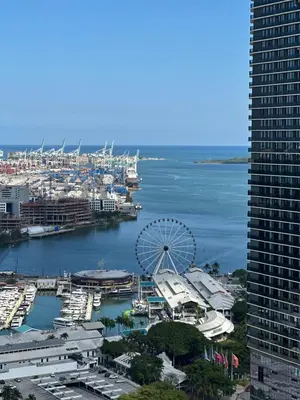a ferris wheel in a harbor next to a tall building at Magic Miami Penthouse, Ocean & City Views, Pool, Spa, Gym, in Miami