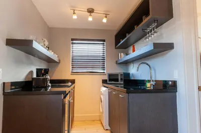 a kitchen with black counters and a sink at Seaside All Suites Hotel in Miami Beach